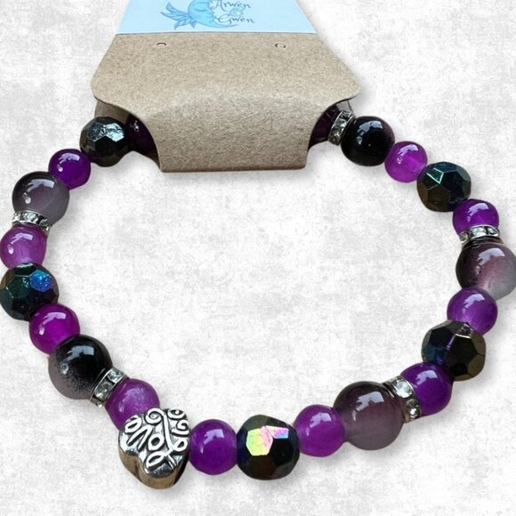 Purple Glass and Black Acrylic Beaded Stretchy Bracelet with Silver Accents - Picture 1 of 2